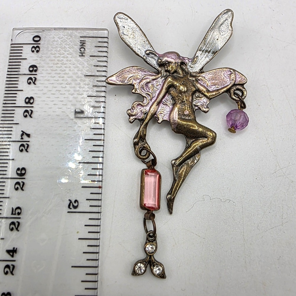 Vtg Fairy Brooch Antiqued Brass Pink Purple Dangle Enamel Pin 2.75"Art Nouveau